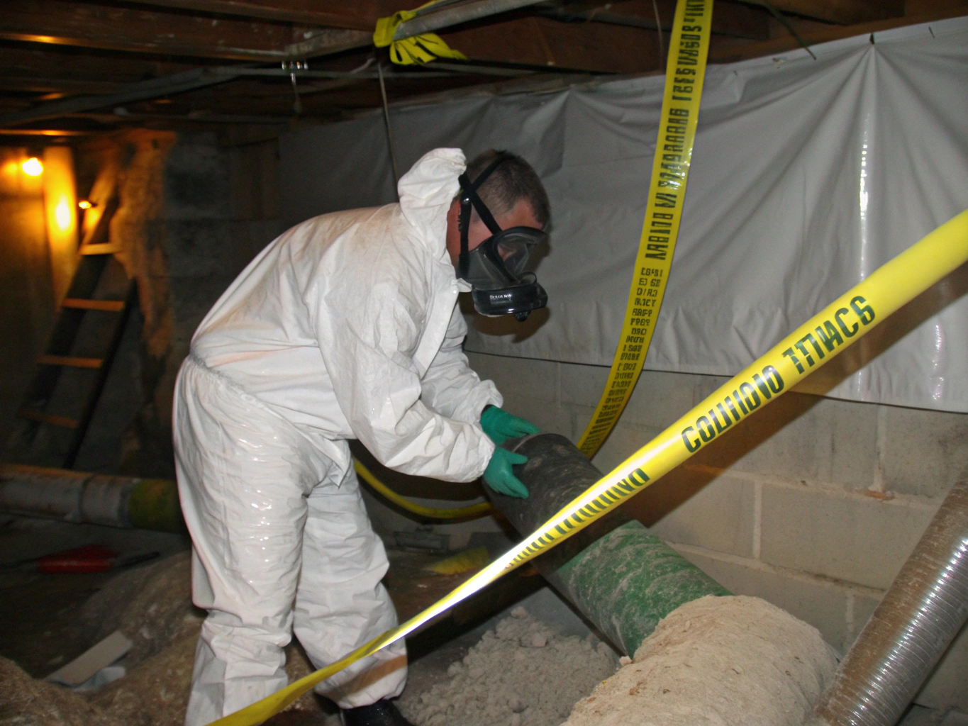 Certified asbestos abatement technician in containment suit