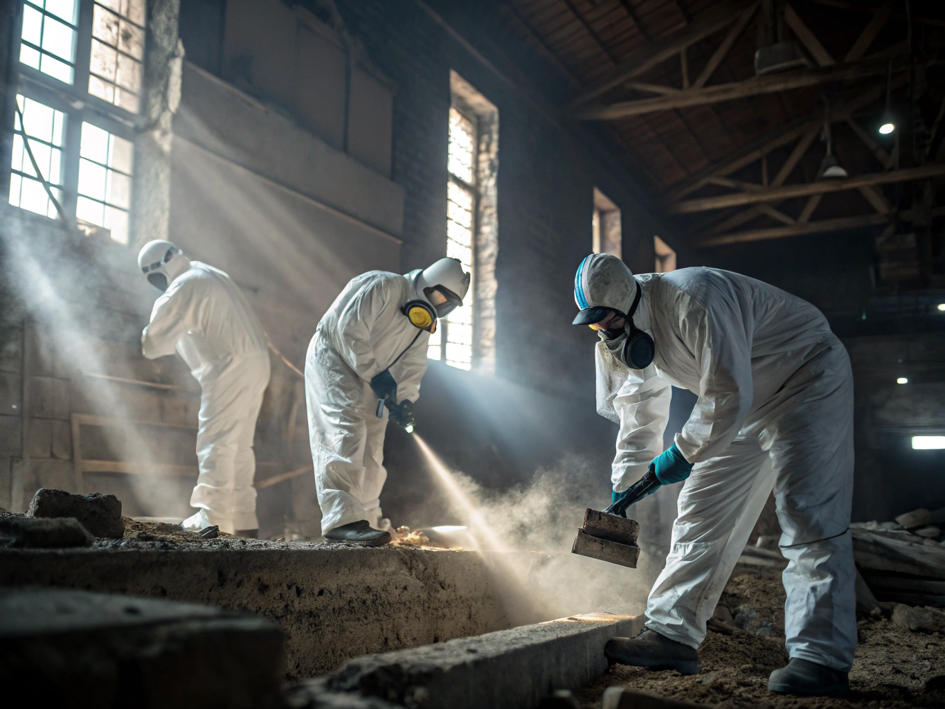 Technicians performing hazardous material extraction inside an institutional property