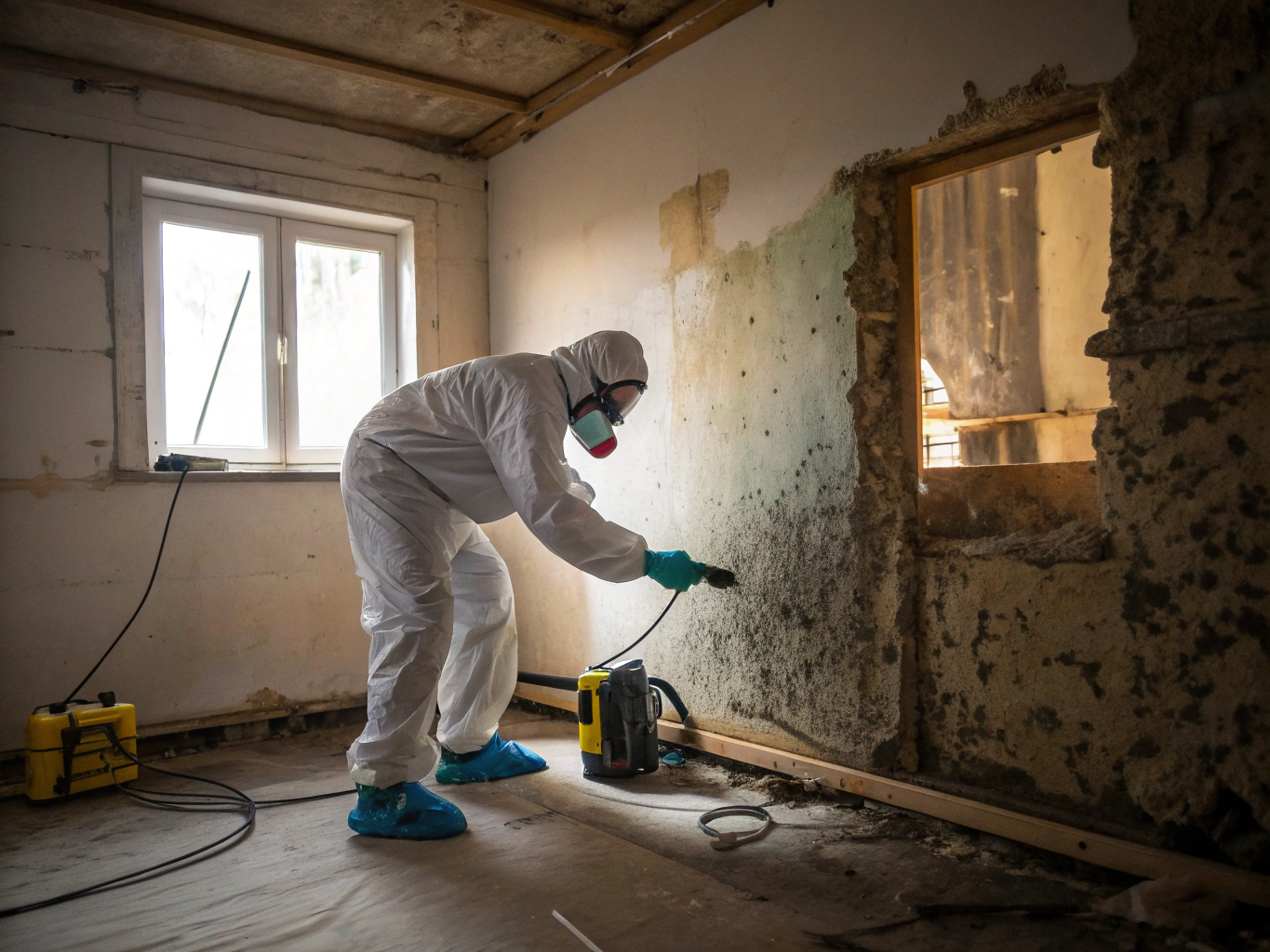 Technician operating HEPA air scrubber in industrial mold containment