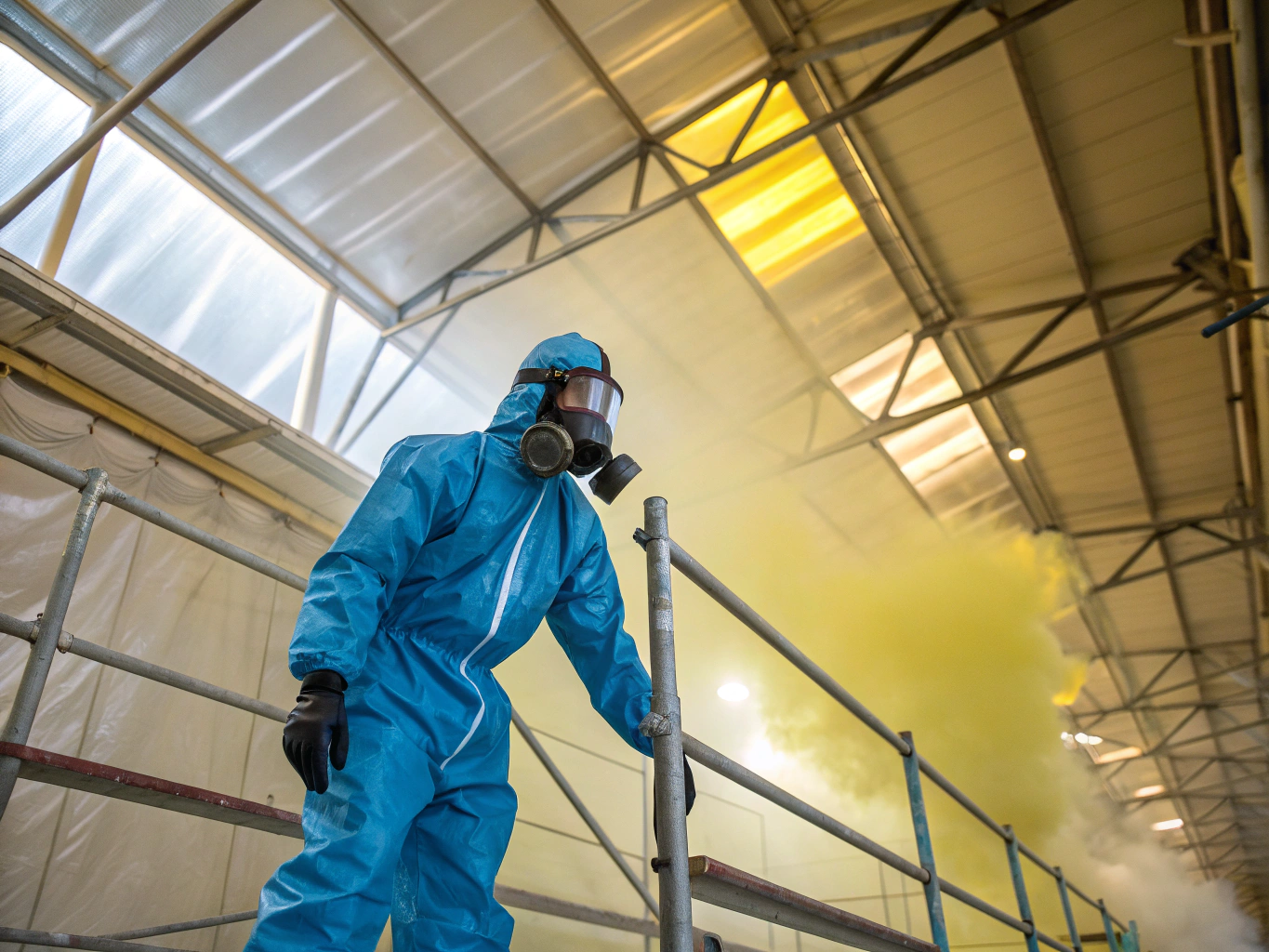Licensed abatement technician in Level-B protective containment suit inspecting industrial negative air isolation zone